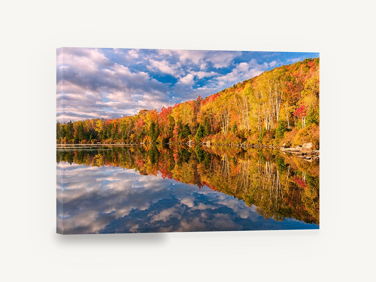 Autumn Lake Mirror, autumn forest lake reflection photograph, landscape canvas wall art print ready to hang