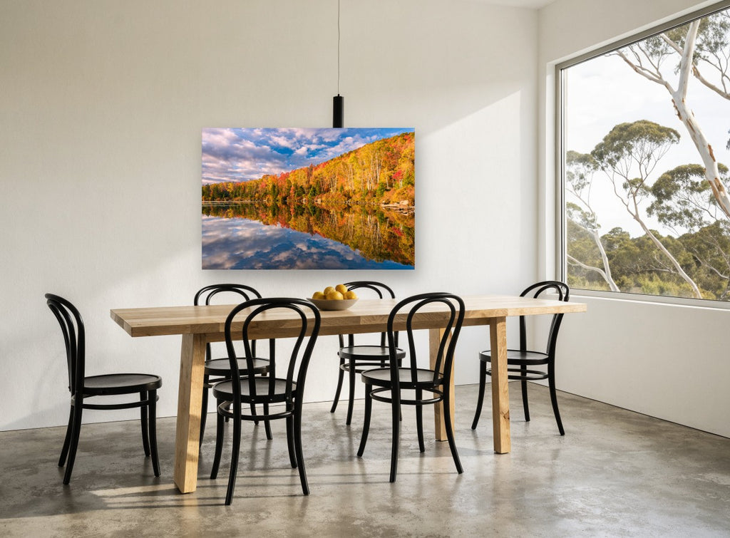 Autumn Lake Mirror landscape canvas print on the wall of a dining room
