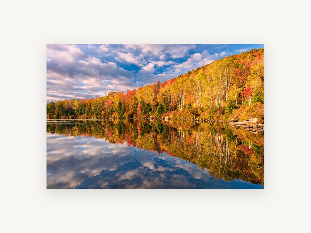 Autumn Lake Mirror, autumn forest lake reflection photograph, landscape canvas wall art print, front view