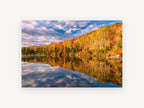 Autumn Lake Mirror, autumn forest lake reflection photograph, landscape canvas wall art print, front view