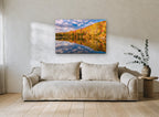 Autumn Lake Mirror landscape canvas print on the wall of a living room