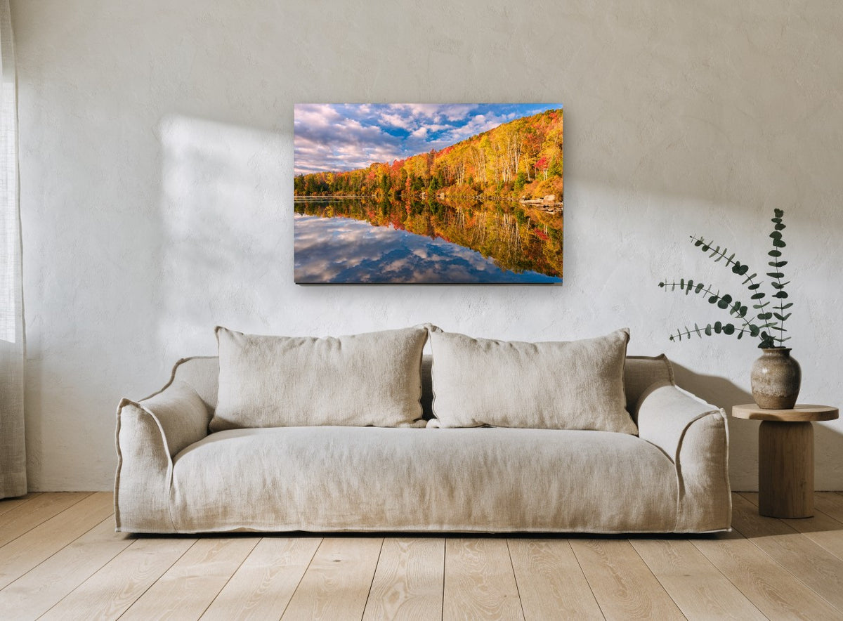 Autumn Lake Mirror landscape canvas print on the wall of a living room