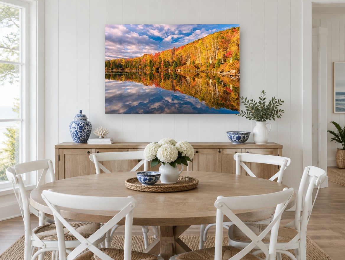 Autumn Lake Mirror landscape canvas print on the wall of a Hamptons dining room