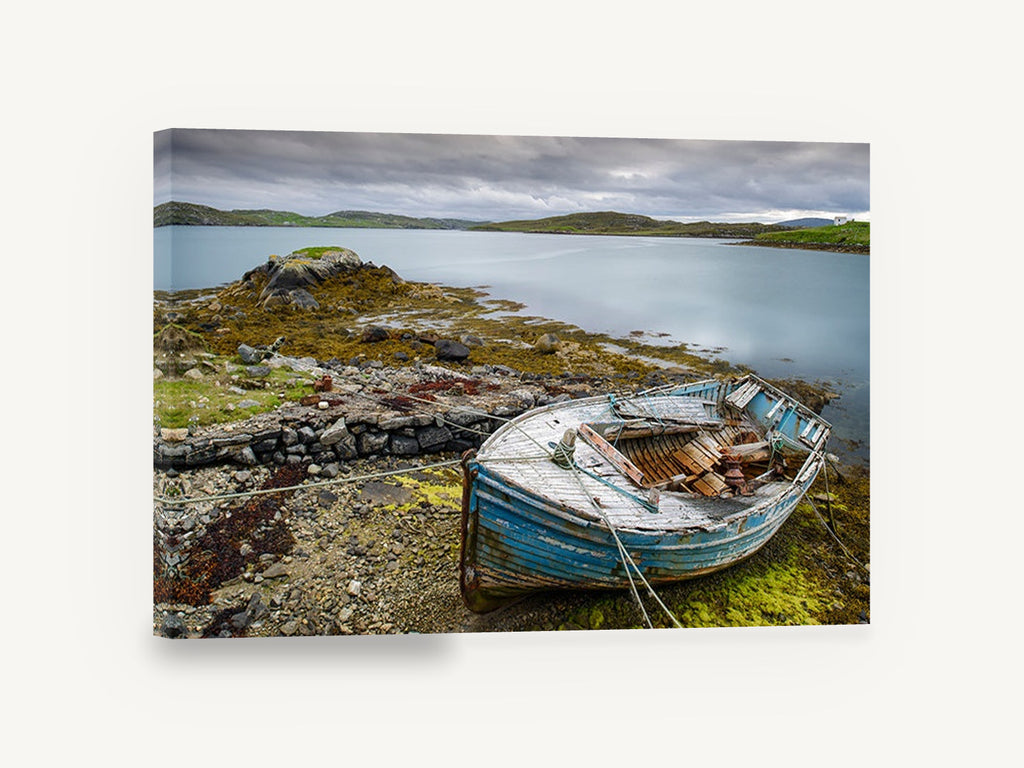 Weathered Blue Dinghy, old blue rowing boat shoreline photograph, landscape canvas wall art print ready to hang