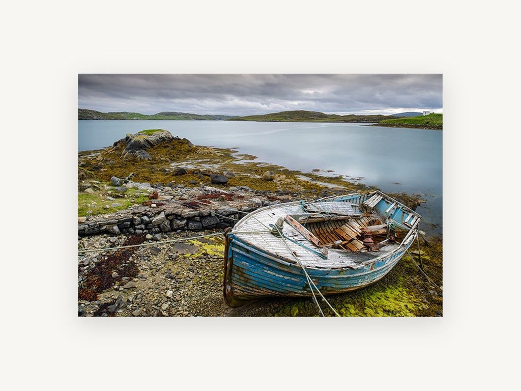 Weathered Blue Dinghy, old blue rowing boat shoreline photograph, landscape canvas wall art print, front view