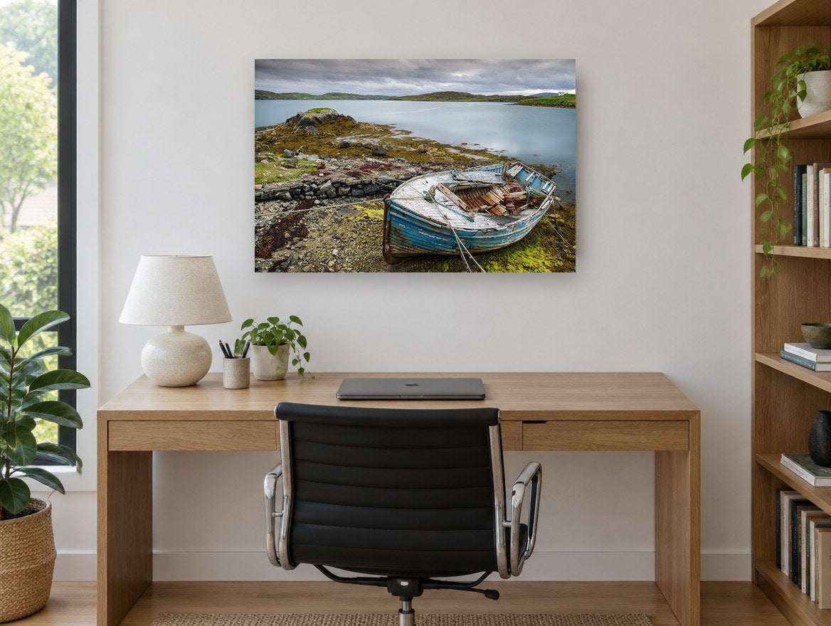 Weathered Blue Dinghy landscape canvas print on the wall of a study