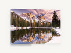 Alpenglow Lake Mirror, alpine lake mountain reflection photograph, landscape canvas wall art print ready to hang