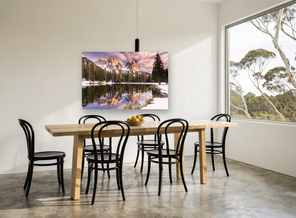 Alpenglow Lake Mirror landscape canvas print on the wall of a dining room