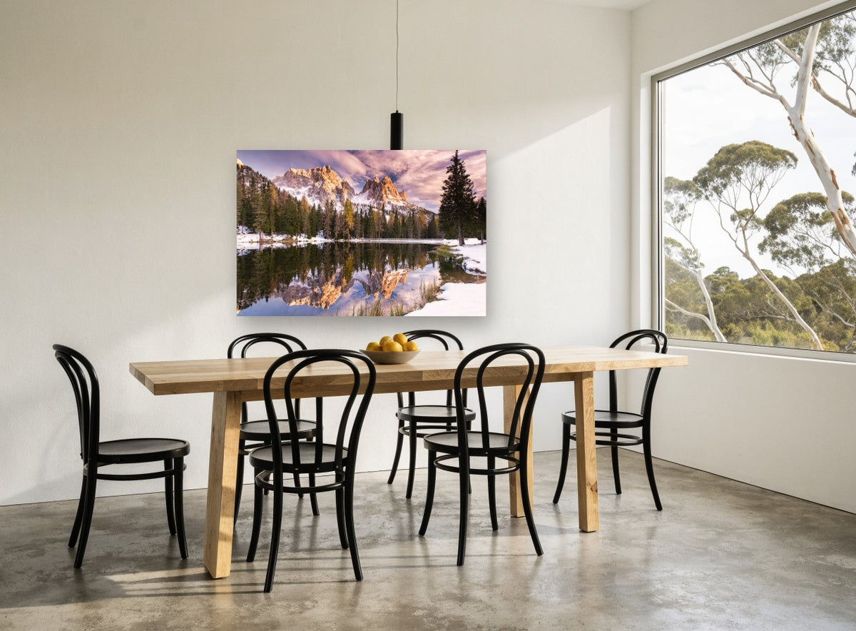 Alpenglow Lake Mirror landscape canvas print on the wall of a dining room