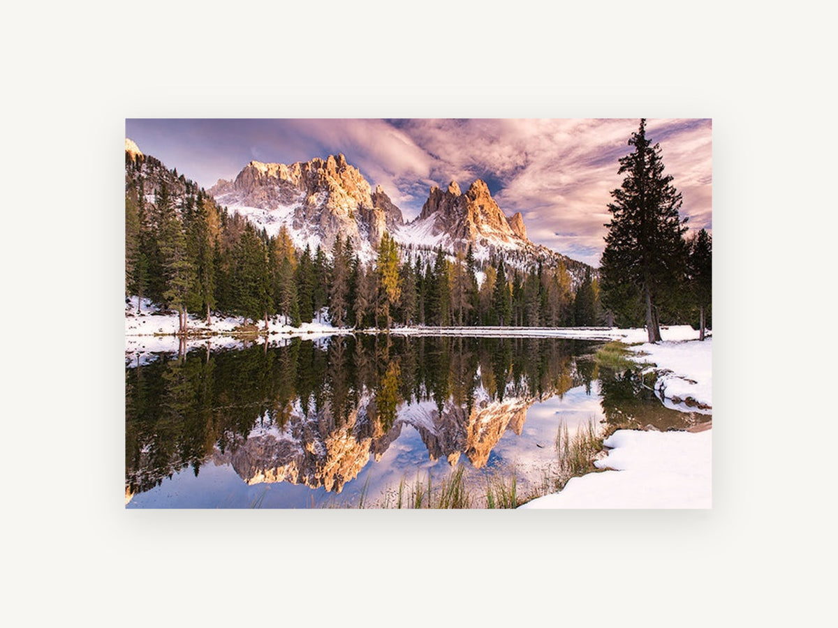 Alpenglow Lake Mirror, alpine lake mountain reflection photograph, landscape canvas wall art print, front view
