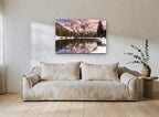 Alpenglow Lake Mirror landscape canvas print on the wall of a living room