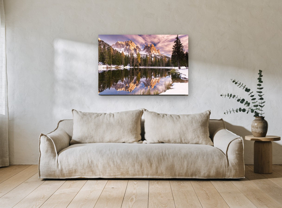Alpenglow Lake Mirror landscape canvas print on the wall of a living room