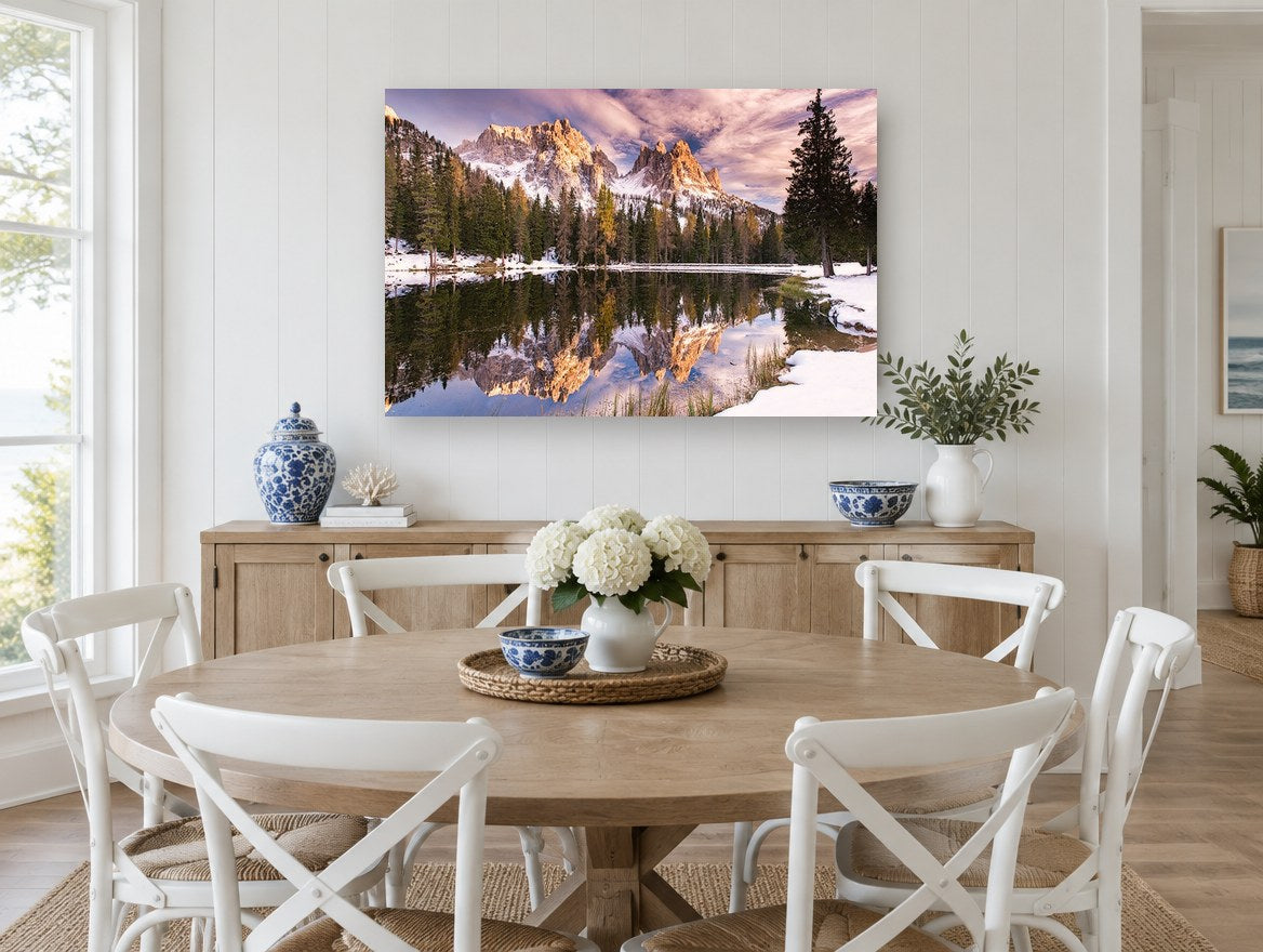 Alpenglow Lake Mirror landscape canvas print on the wall of a Hamptons dining room