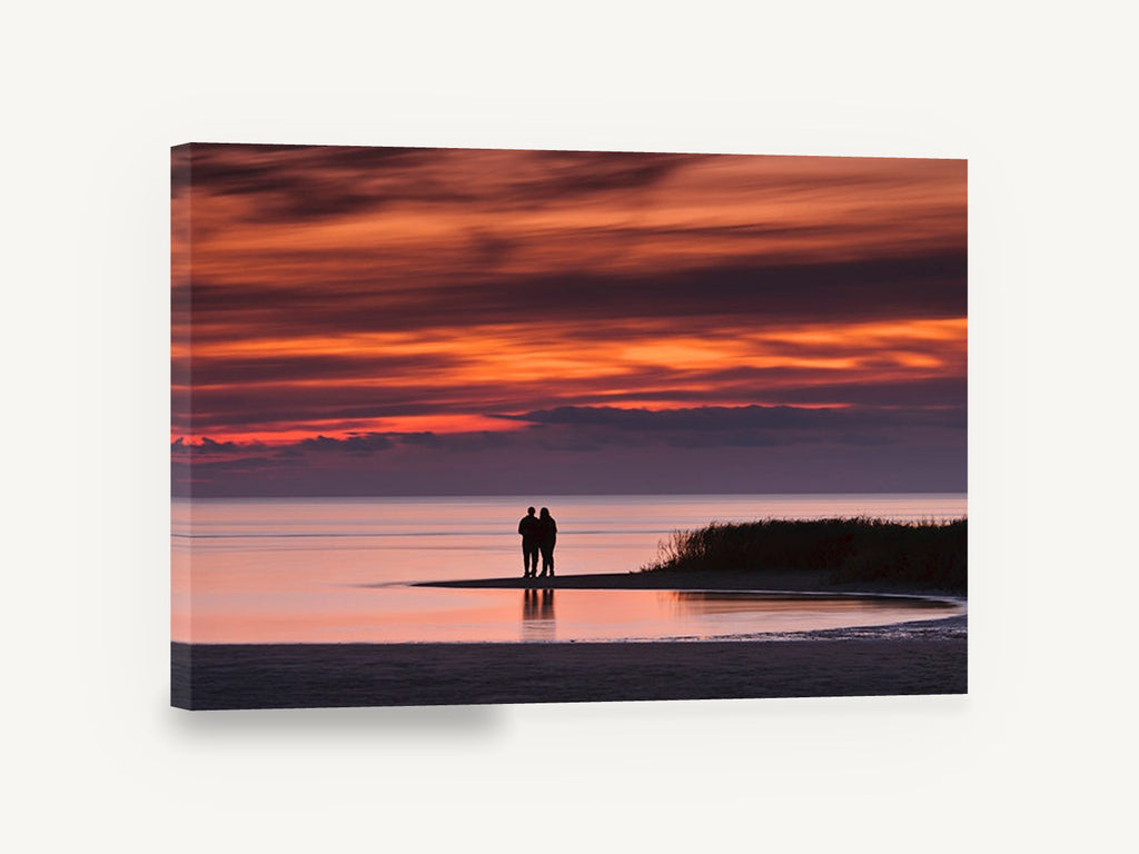 Couple at Dusk Shore, couple silhouette beach sunset photograph, coastal canvas wall art print ready to hang