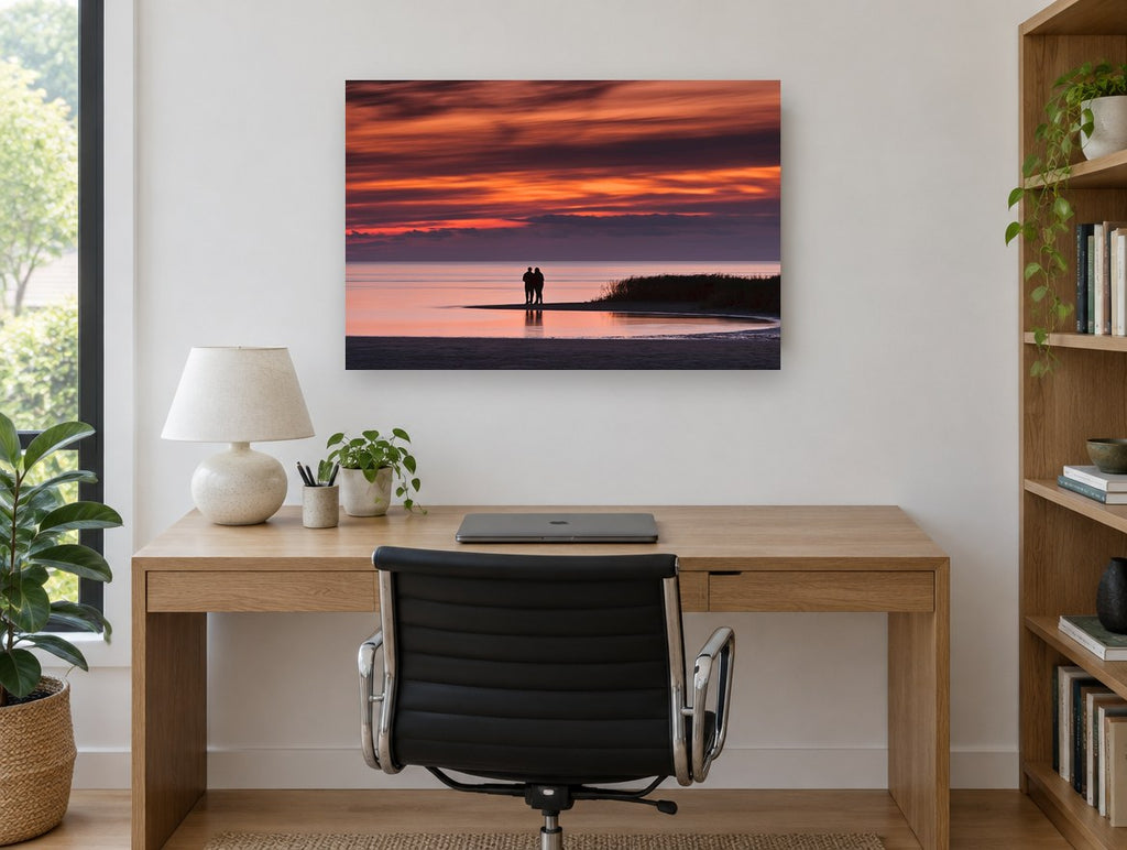 Couple at Dusk Shore coastal canvas print on the wall of a study