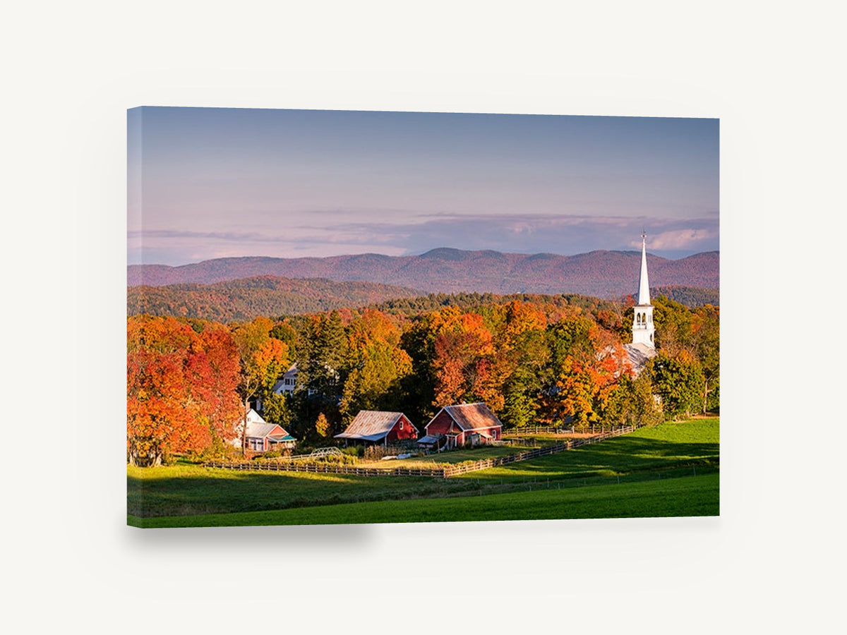 Autumn Village Steeple, autumn village church mountain photograph, landscape canvas wall art print ready to hang