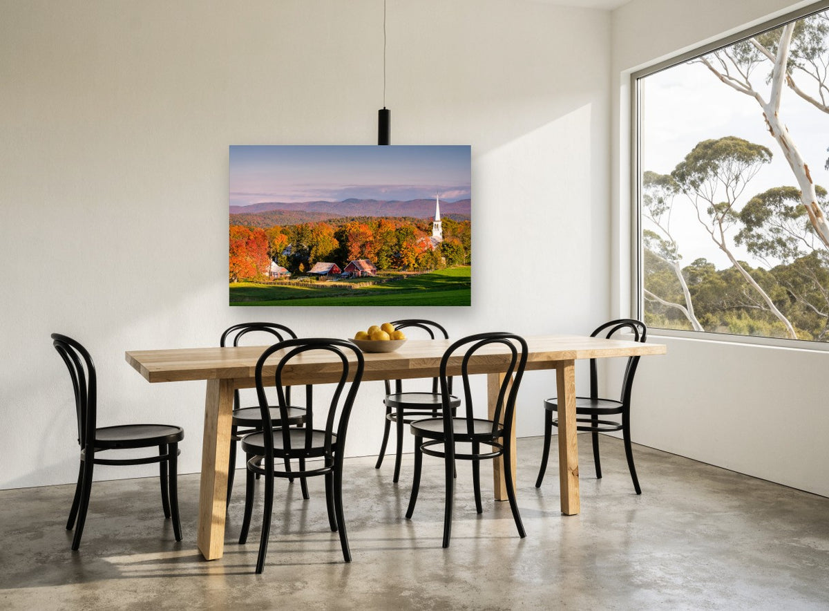 Autumn Village Steeple landscape canvas print on the wall of a dining room