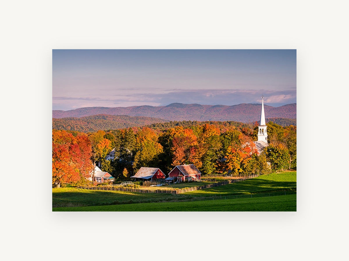 Autumn Village Steeple, autumn village church mountain photograph, landscape canvas wall art print, front view