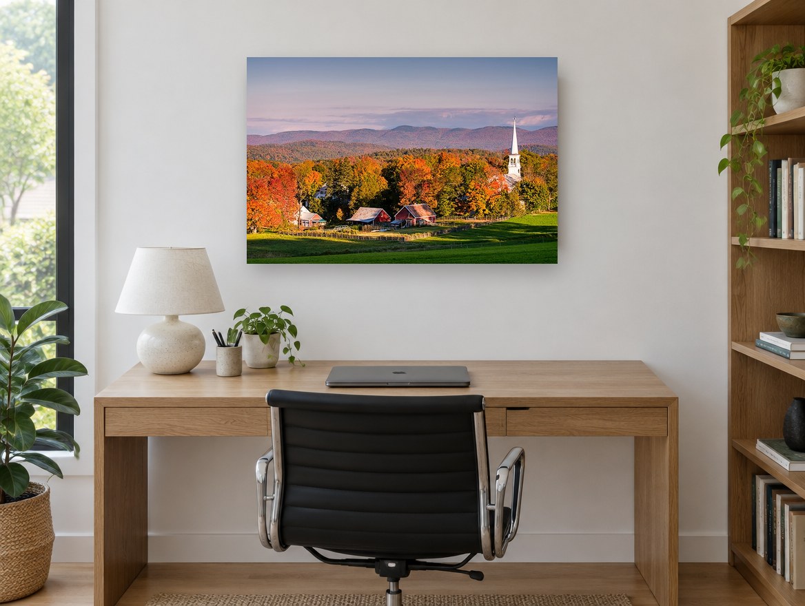 Autumn Village Steeple landscape canvas print on the wall of a study