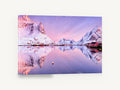 Pink Fjord Dawn, snowy fjord sunrise reflection photograph, landscape canvas wall art print ready to hang