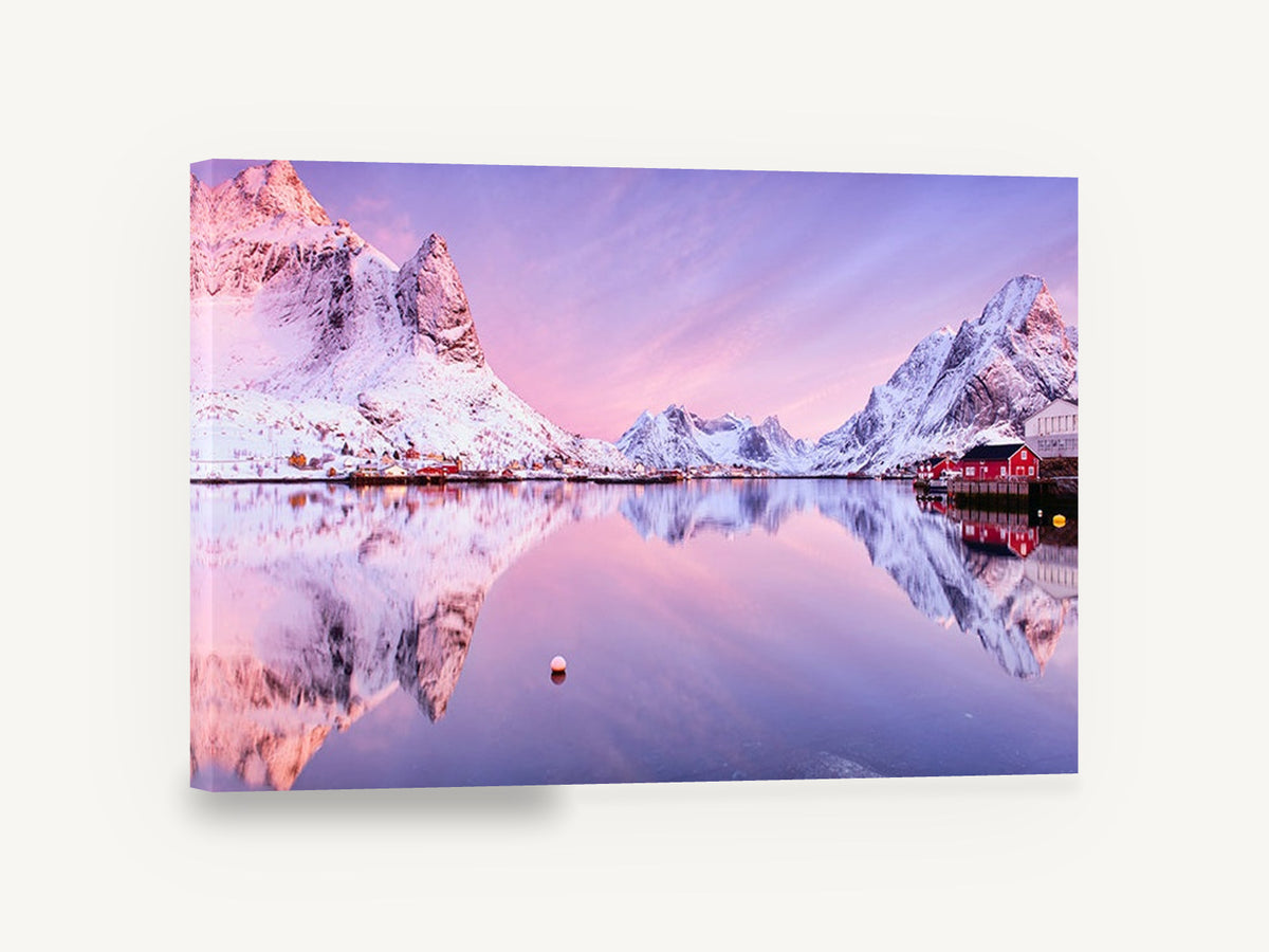 Pink Fjord Dawn, snowy fjord sunrise reflection photograph, landscape canvas wall art print ready to hang