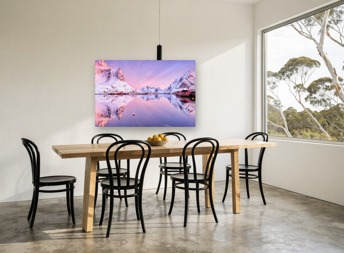Pink Fjord Dawn landscape canvas print on the wall of a dining room