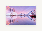 Pink Fjord Dawn, snowy fjord sunrise reflection photograph, landscape canvas wall art print, front view