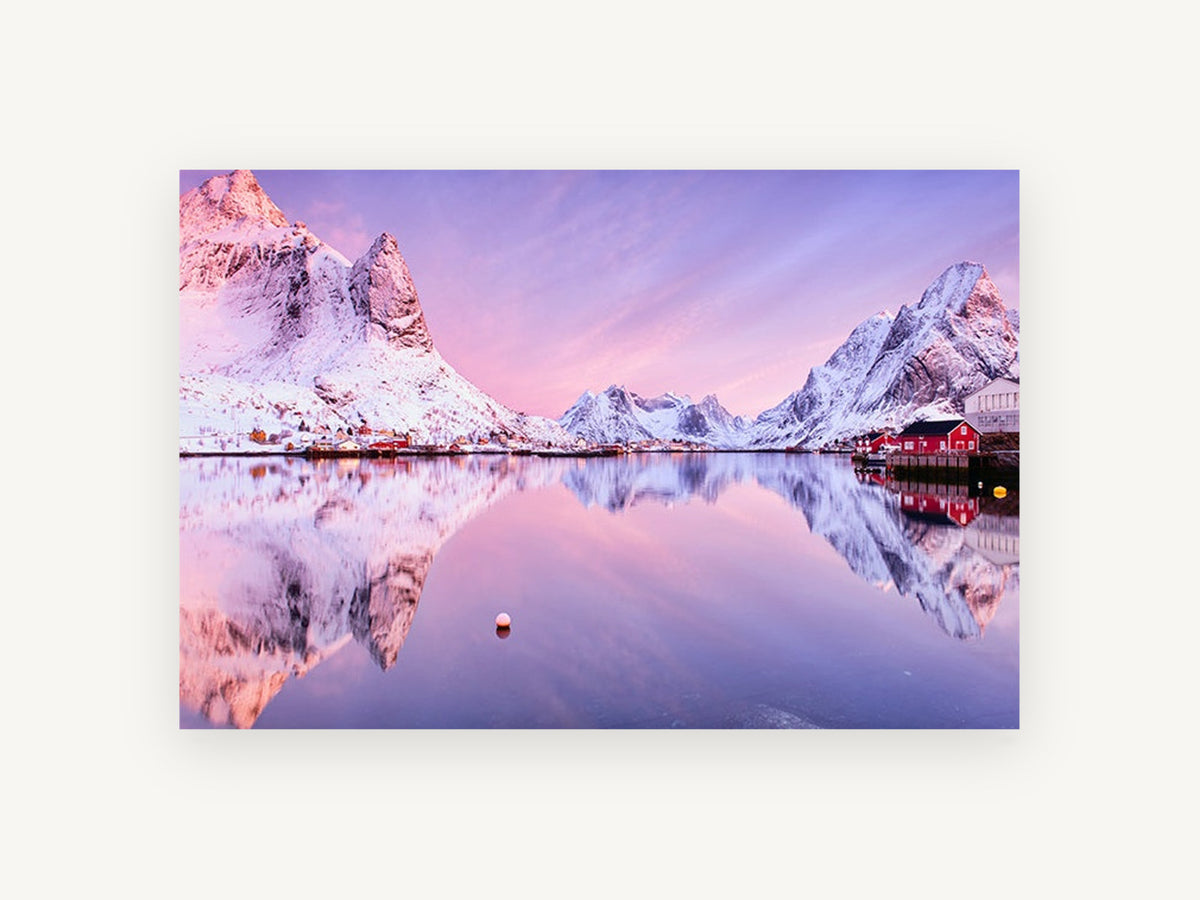 Pink Fjord Dawn, snowy fjord sunrise reflection photograph, landscape canvas wall art print, front view