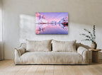 Pink Fjord Dawn landscape canvas print on the wall of a living room