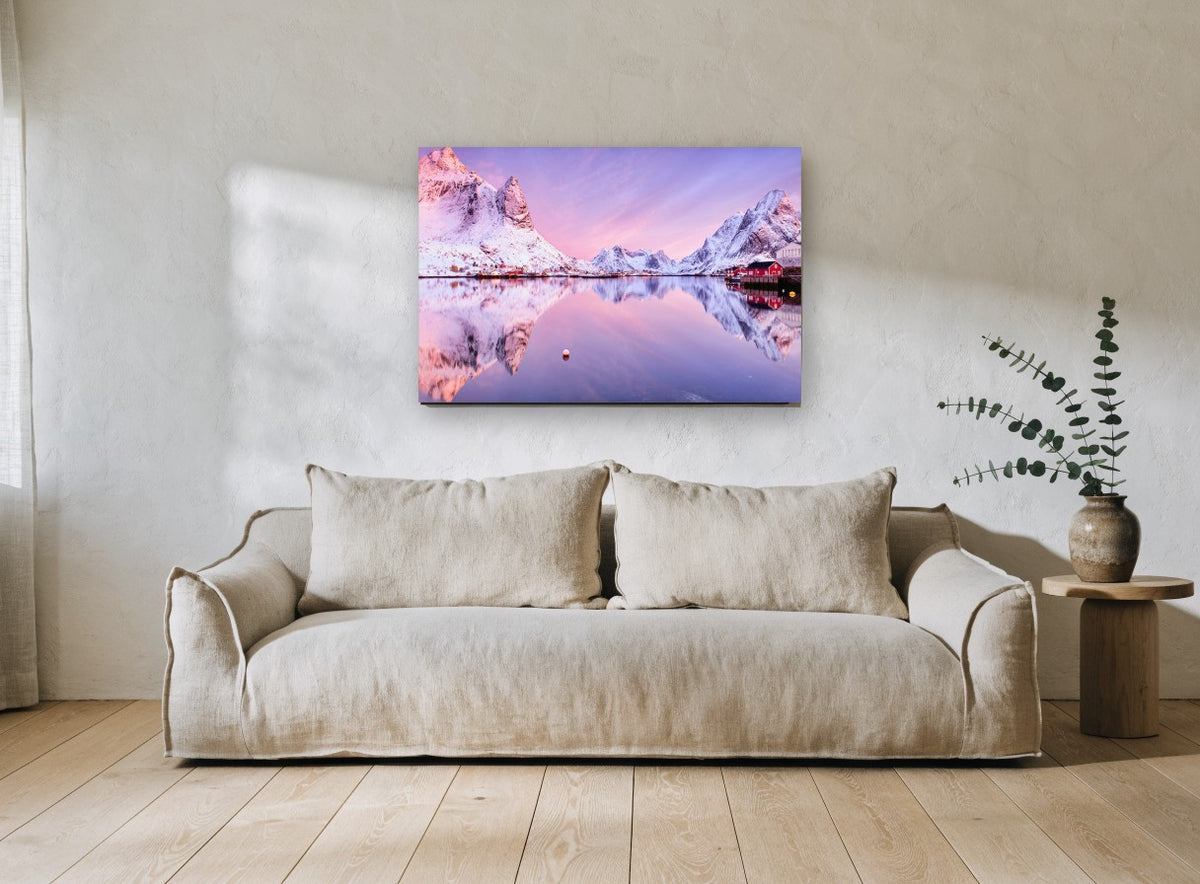 Pink Fjord Dawn landscape canvas print on the wall of a living room