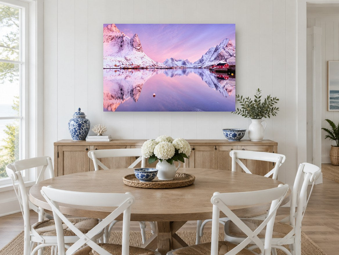 Pink Fjord Dawn landscape canvas print on the wall of a Hamptons dining room