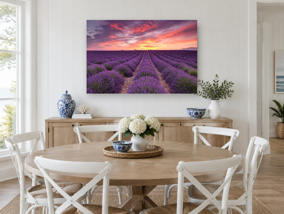 Lavender Rows at Dawn landscape canvas print on the wall of a Hamptons dining room