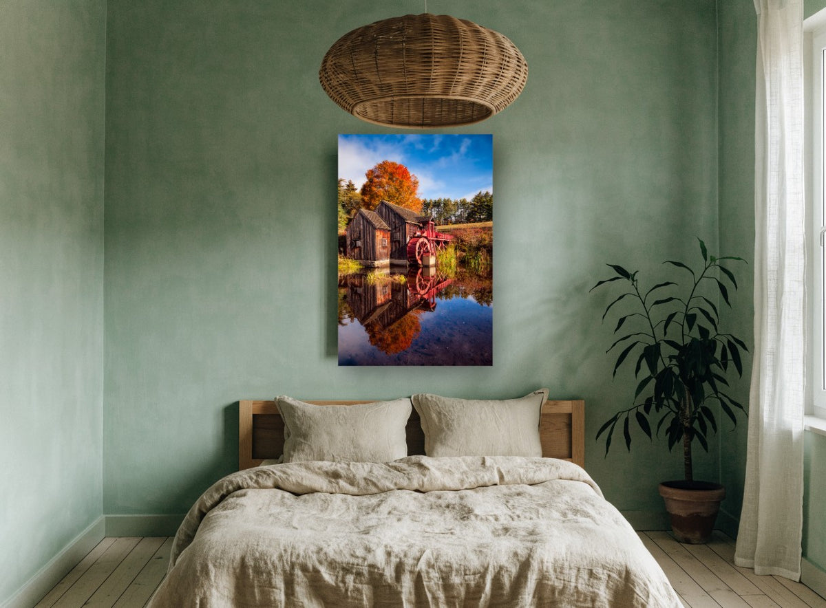 Red Wheel Mill Reflection landscape canvas print on the wall of a bedroom