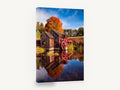 Red Wheel Mill Reflection, autumn mill pond reflection photograph, landscape canvas wall art print ready to hang