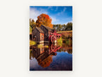 Red Wheel Mill Reflection, autumn mill pond reflection photograph, landscape canvas wall art print, front view