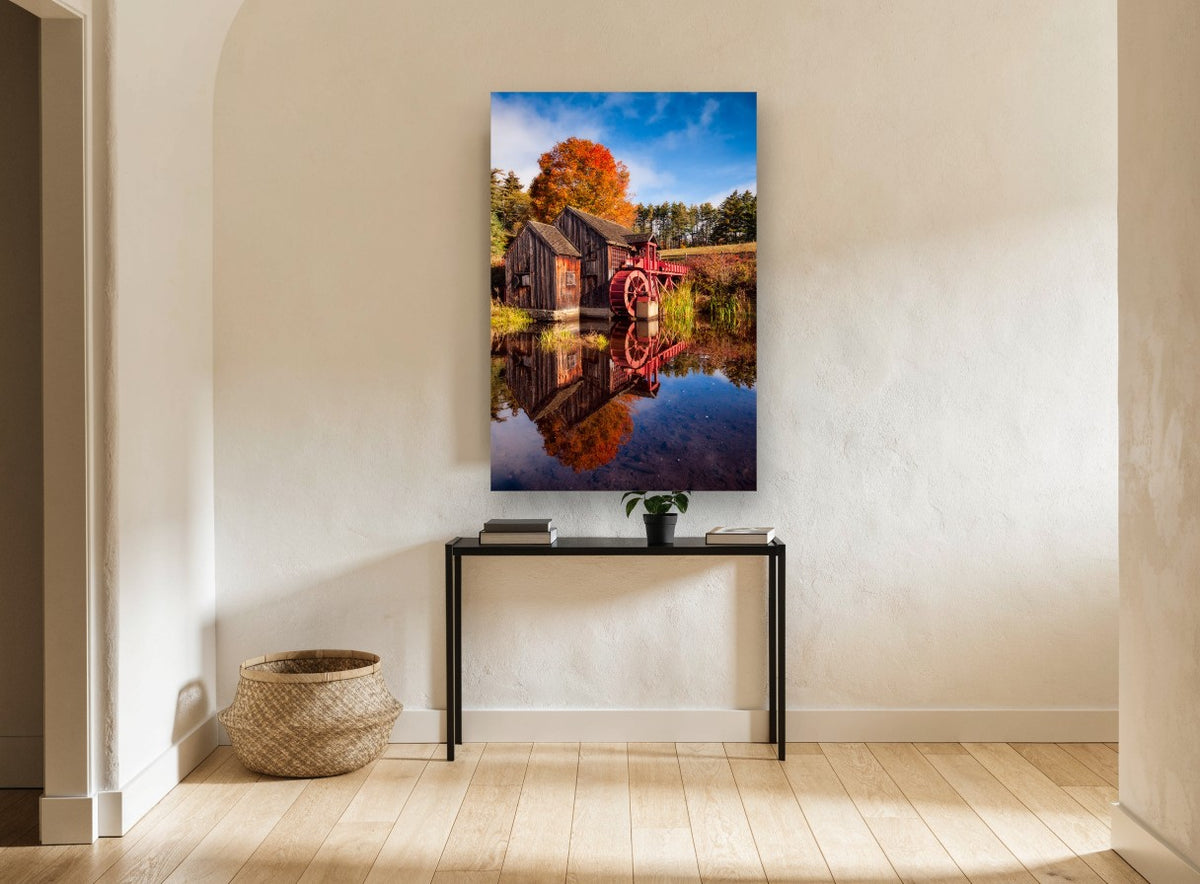 Red Wheel Mill Reflection landscape canvas print on the wall of a hallway