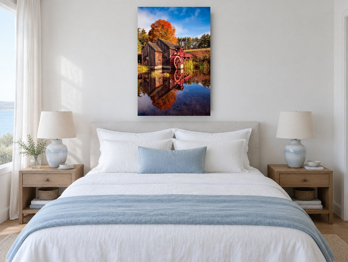 Red Wheel Mill Reflection landscape canvas print on the wall of a bedroom