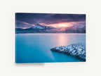 Turquoise Dawn Lake, snowy mountain lake sunrise photograph, landscape canvas wall art print ready to hang