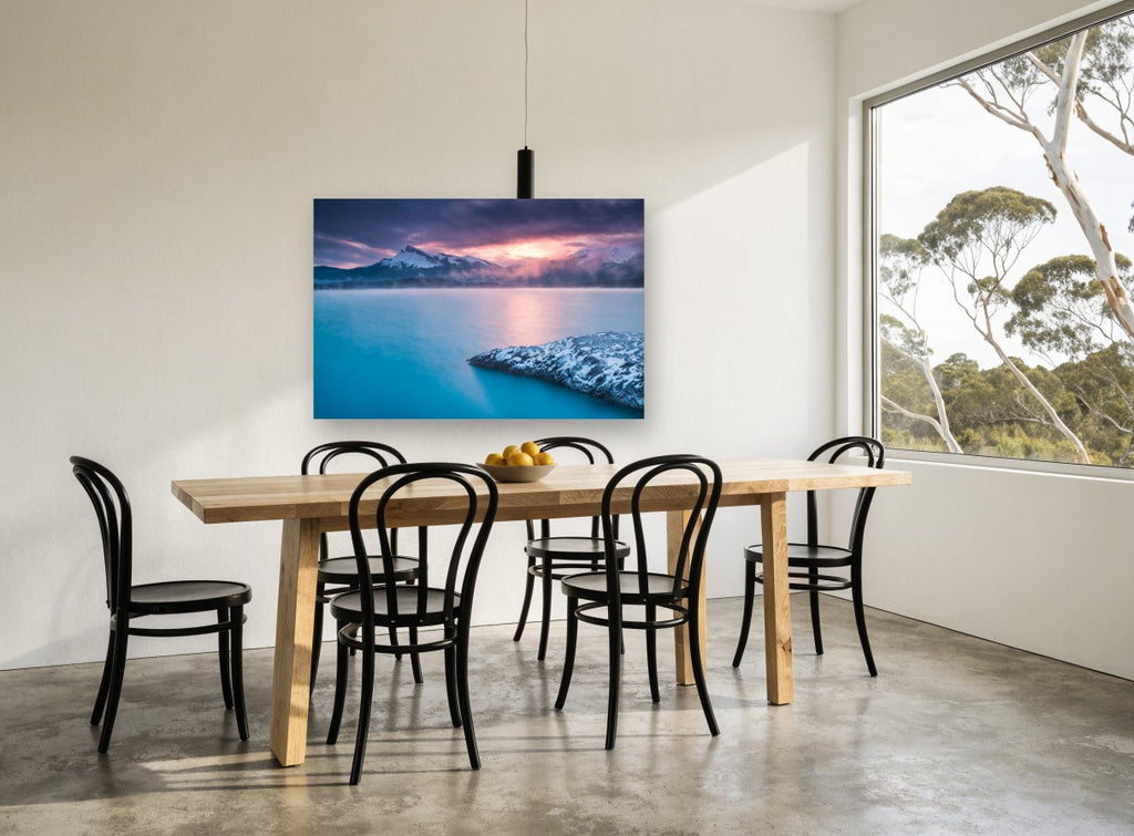 Turquoise Dawn Lake landscape canvas print on the wall of a dining room