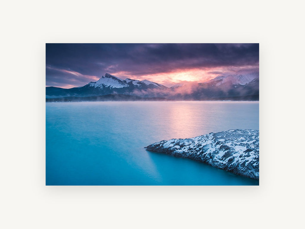 Turquoise Dawn Lake, snowy mountain lake sunrise photograph, landscape canvas wall art print, front view