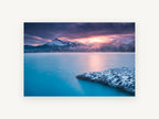 Turquoise Dawn Lake, snowy mountain lake sunrise photograph, landscape canvas wall art print, front view