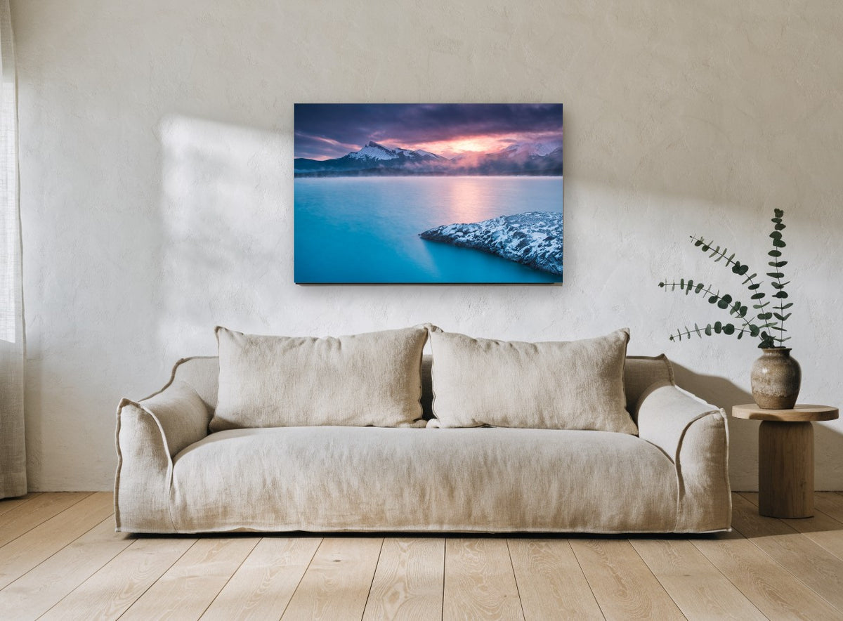 Turquoise Dawn Lake landscape canvas print on the wall of a living room