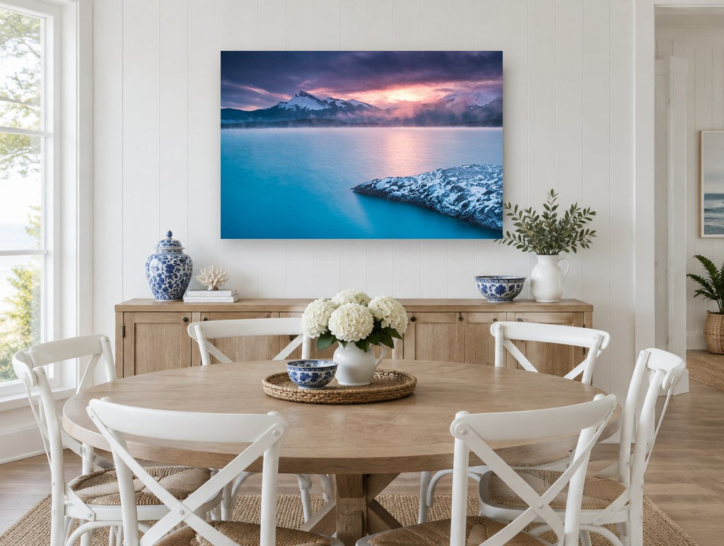 Turquoise Dawn Lake landscape canvas print on the wall of a Hamptons dining room