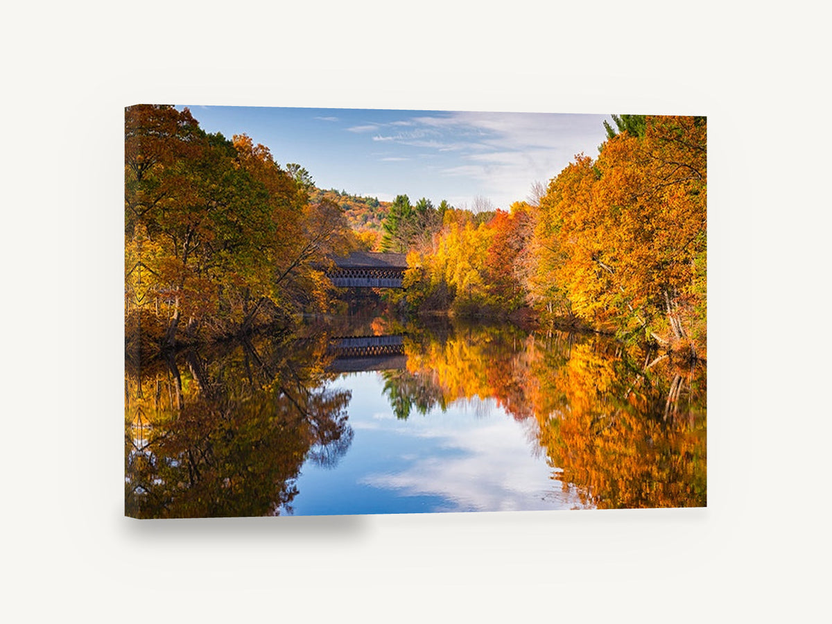 Autumn Bridge Mirror, autumn covered bridge river photograph, landscape canvas wall art print ready to hang