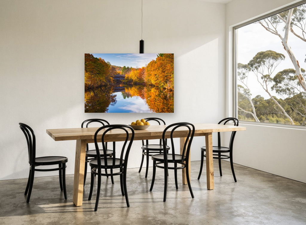 Autumn Bridge Mirror landscape canvas print on the wall of a dining room