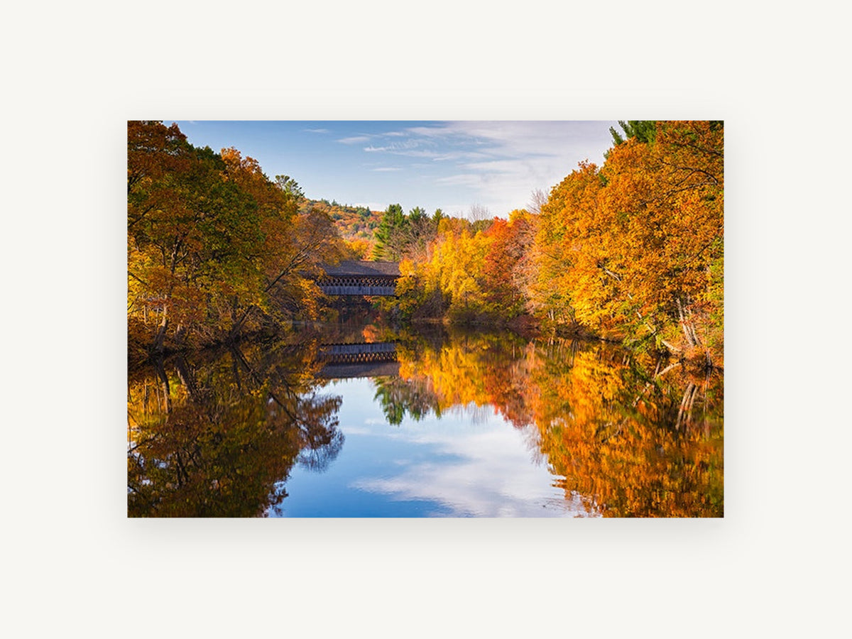 Autumn Bridge Mirror, autumn covered bridge river photograph, landscape canvas wall art print, front view