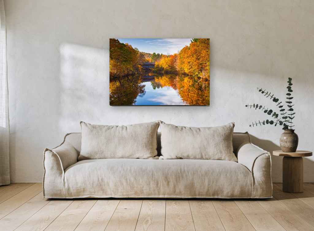 Autumn Bridge Mirror landscape canvas print on the wall of a living room