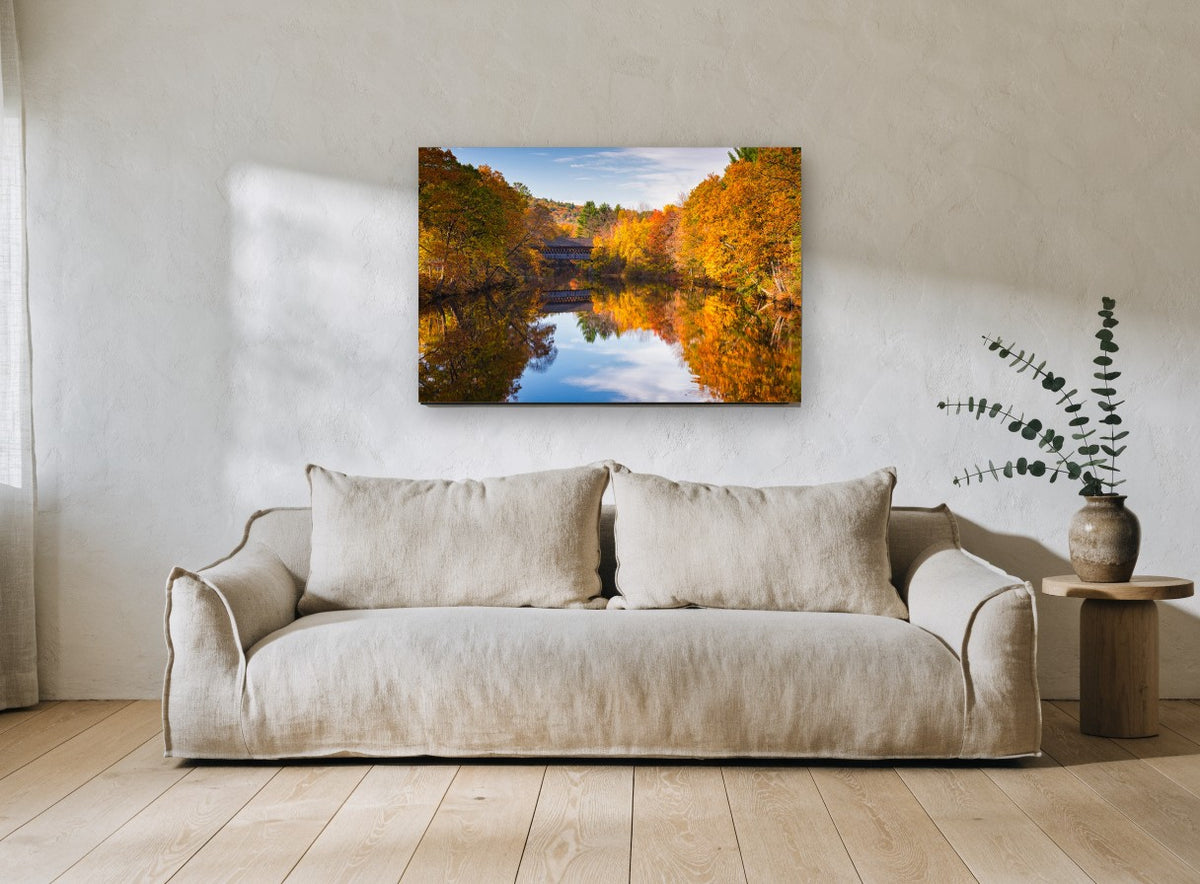 Autumn Bridge Mirror landscape canvas print on the wall of a living room