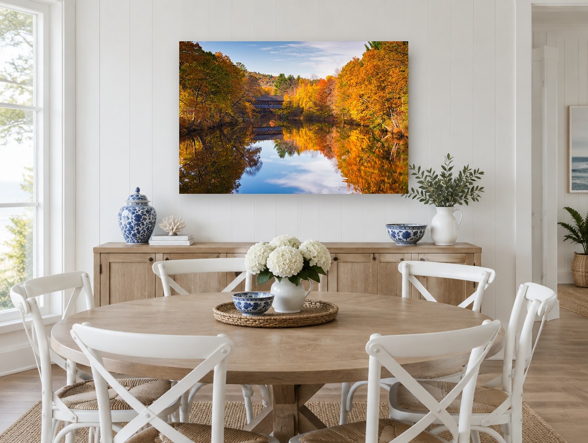 Autumn Bridge Mirror landscape canvas print on the wall of a Hamptons dining room