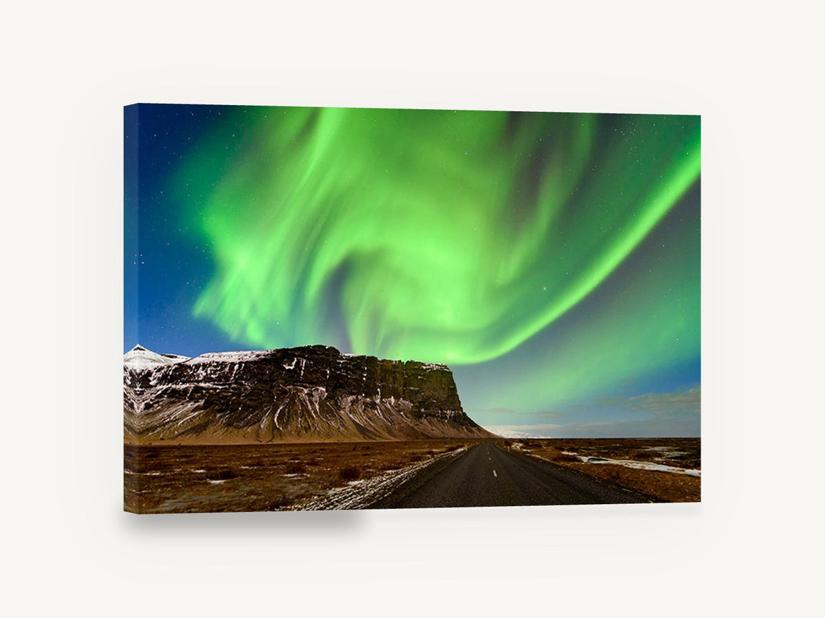 Green Lights Over Cliff, aurora borealis mountain road photograph, landscape canvas wall art print ready to hang